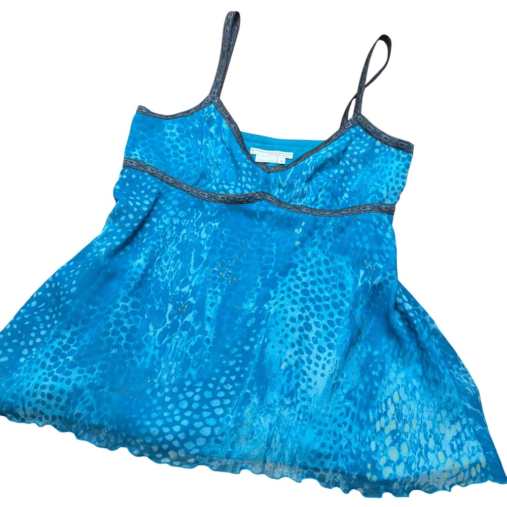 y2k To The Max Silk Camisole Top Blue Animal Print Empire Waist Embroider Trim M